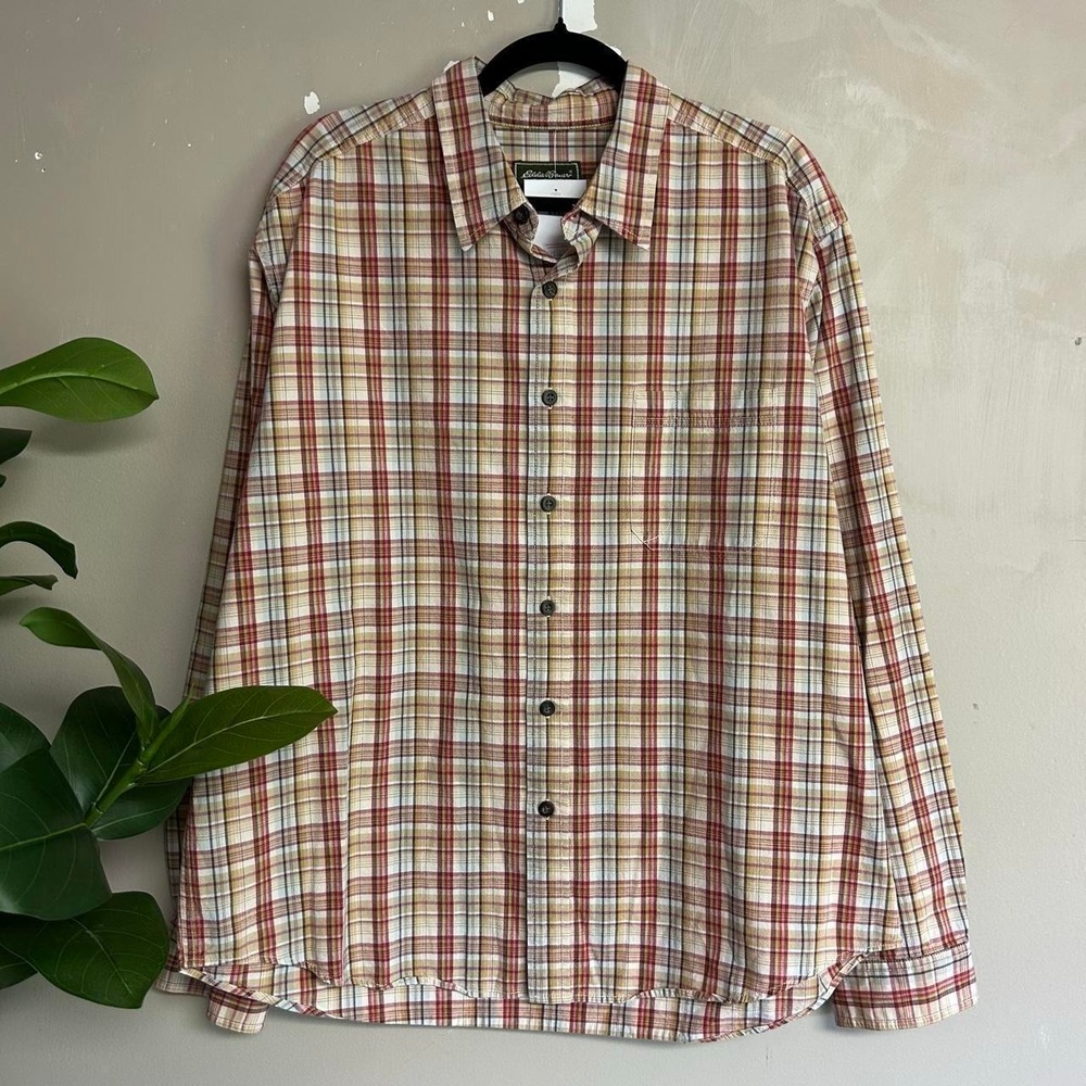 Vintage Eddie Bauer Plaid Heavyweight Shirt Mens XL Multi Tan Long Sleeve 2000s